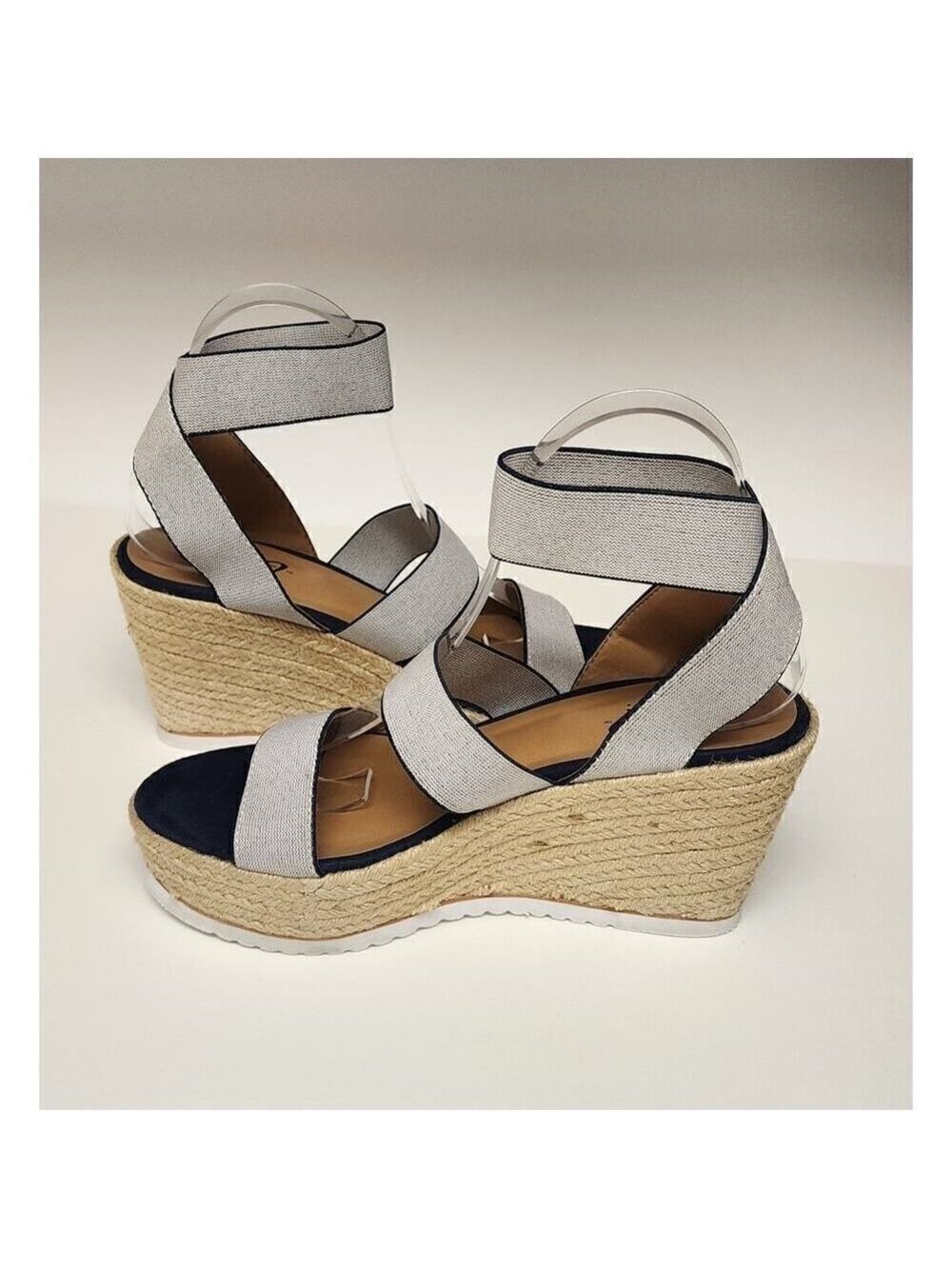 Y-Not Women's Size 10M Navy Blue/White Elastic Band Wedge Espadrille Sandals 8M